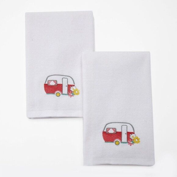 Vintage Floral Camper Embroidered Hand Towels Spring Summer Set of 2 Cotton NEW - Picture 1 of 4